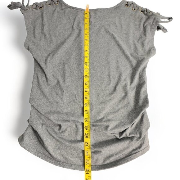 AUW Gray Ruched Waist Lace up Gourmet Shoulder Jersey T-Shirt Top (S) - Picture 7 of 10